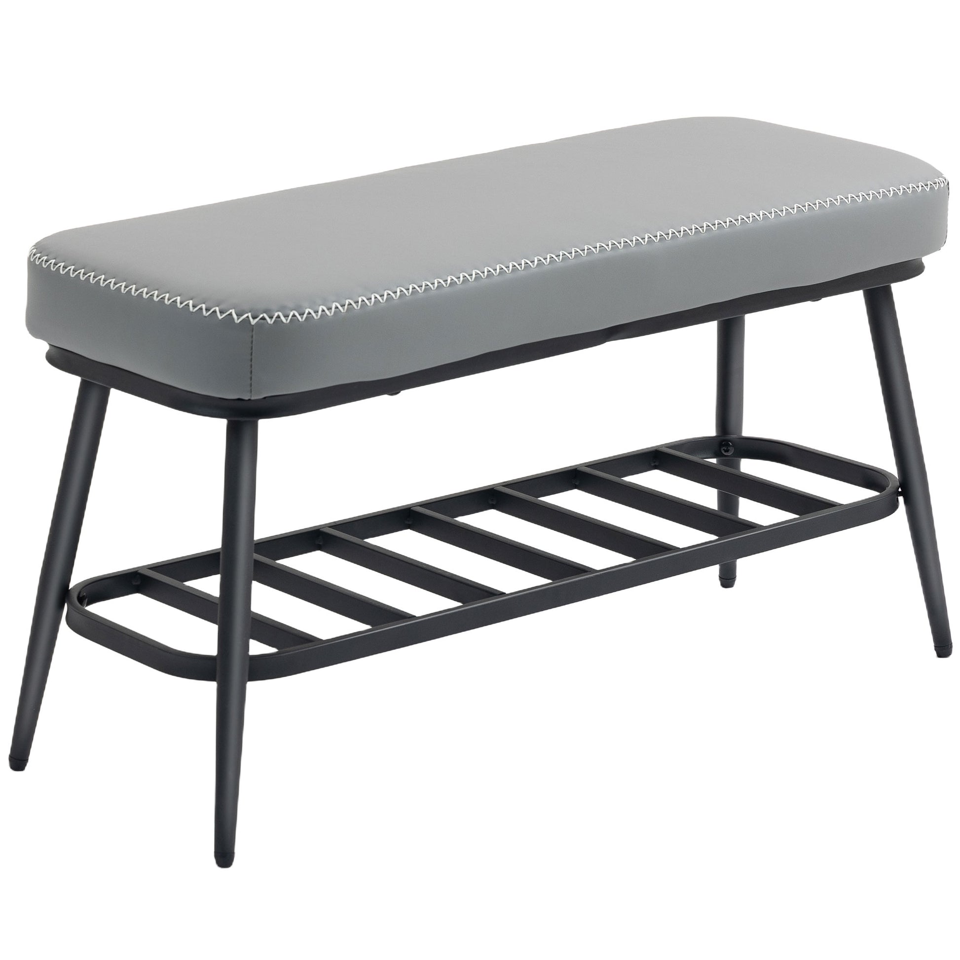 Gray upholstered bench with black metal legs on a white background
