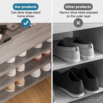 Comparison of shoe storage solutions with text indicating product features.
