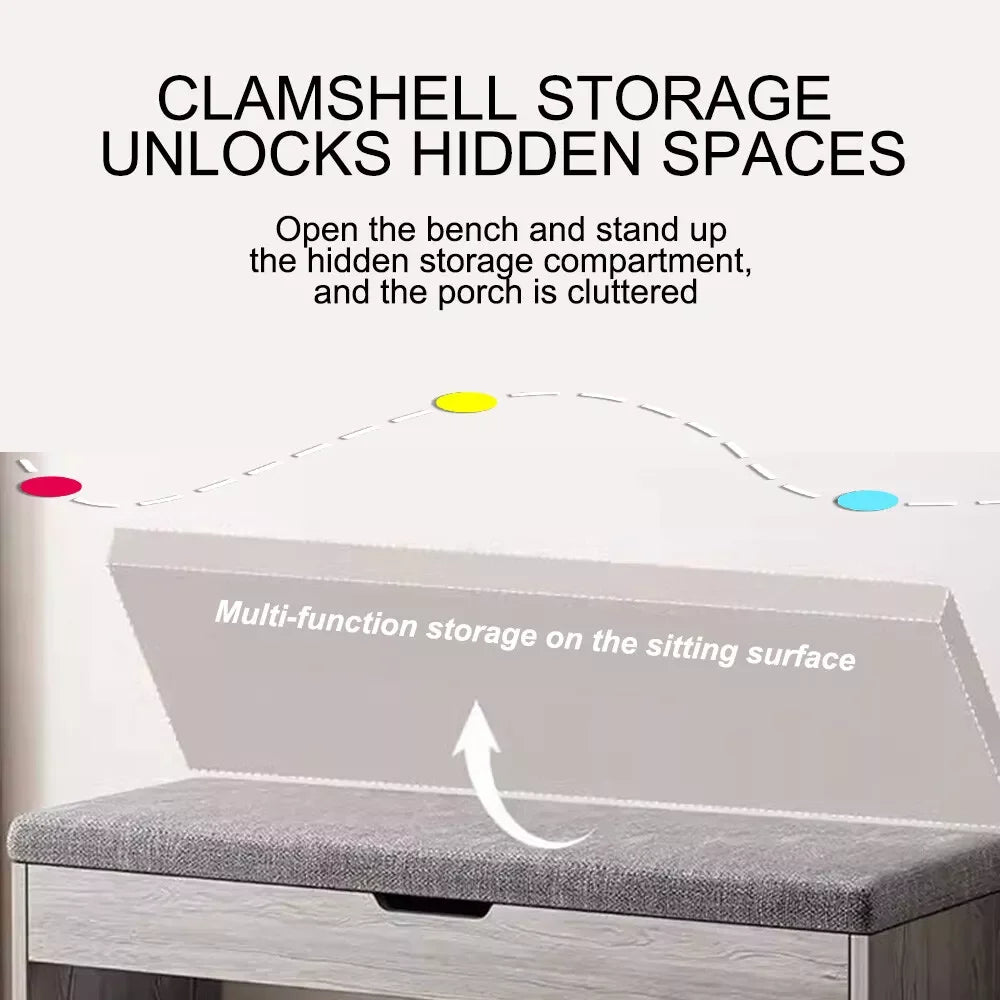 Gray bench with clamshell storage feature and text explaining its functionality.