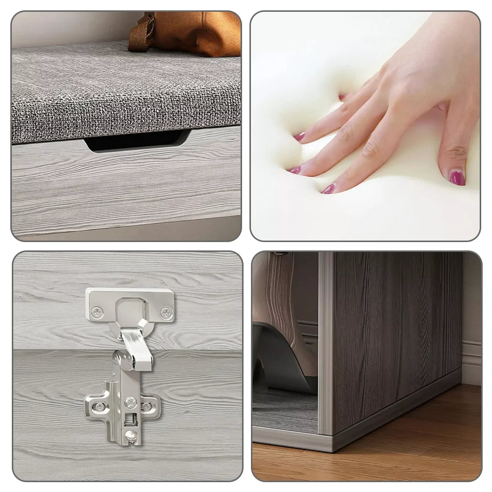 Collage of a wooden storage bench with cushioned seat, close-up of hand on cushion, hinge detail, and bench in use.