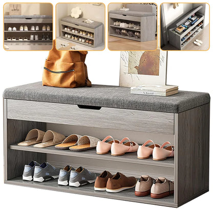 Gray shoe storage bench with shoes on the shelves and a backpack on top, with close-up insets of storage compartments.
