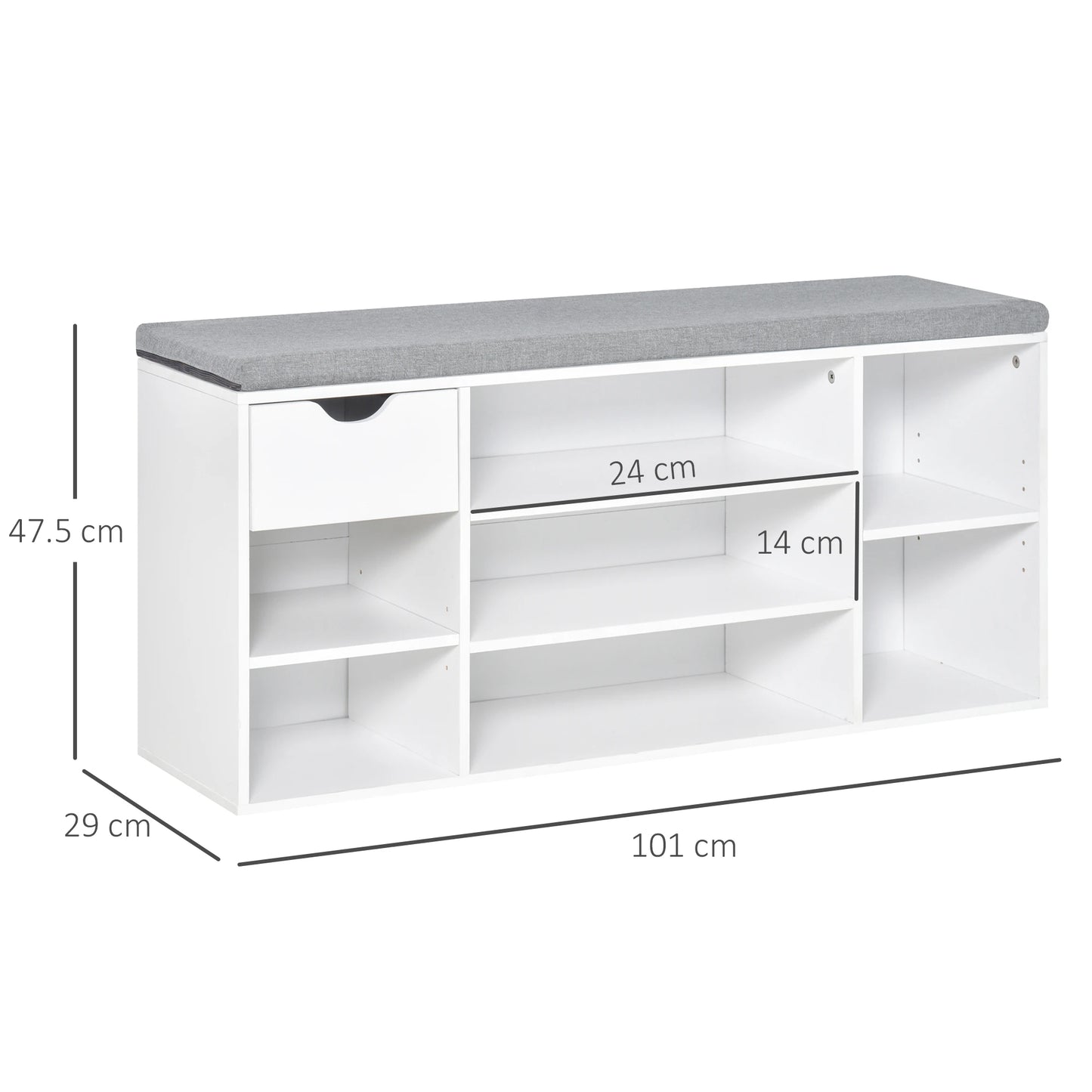 White storage bench with gray top and dimensions labeled on a white background