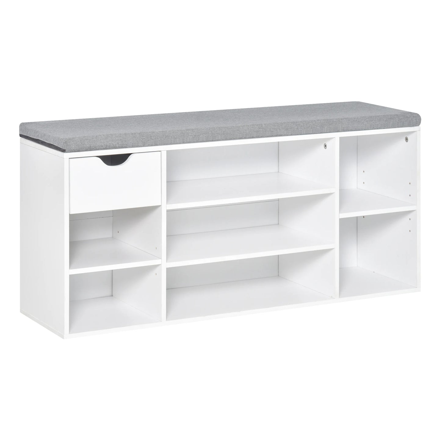 White storage bench with a gray cushion top on a white background