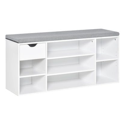 White storage bench with a gray cushion top on a white background