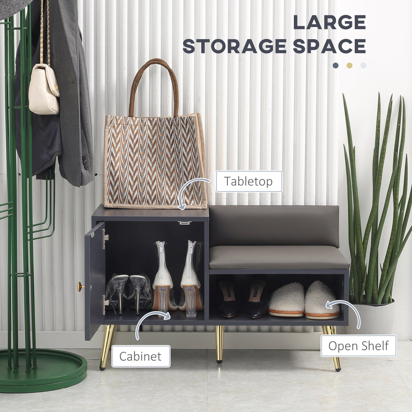 Storage unit with cabinet, open shelf, and tabletop, labeled 'Large Storage Space'.