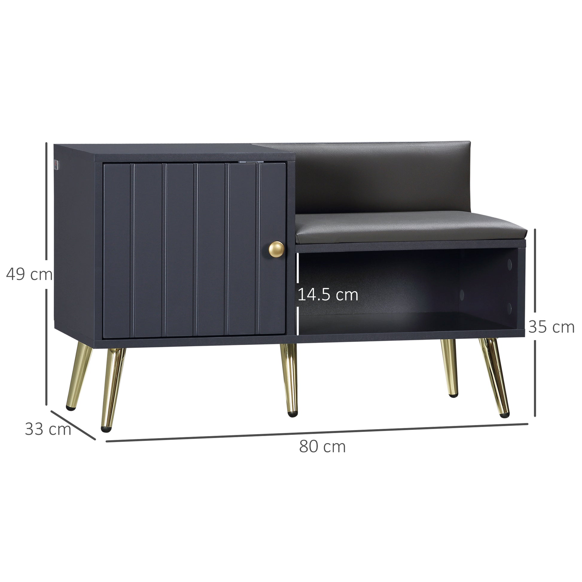 Navy blue sideboard with gold legs and dimensions on a white background