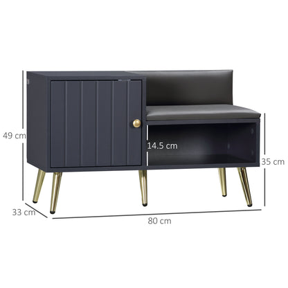 Navy blue sideboard with gold legs and dimensions on a white background