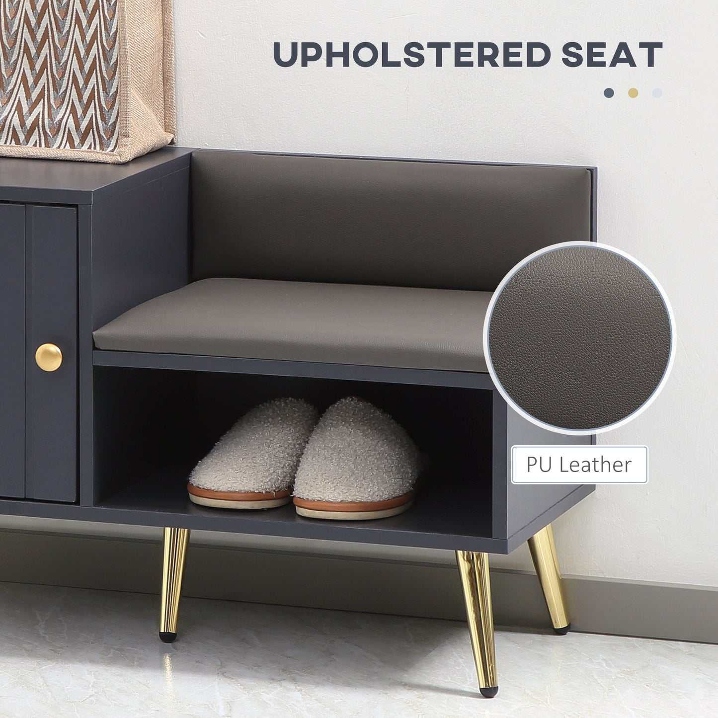 Gray upholstered bench with gold legs and a close-up of the PU leather texture.