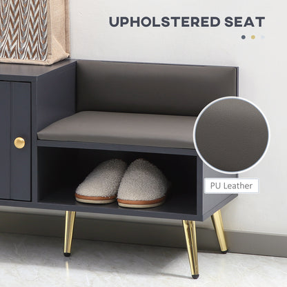 Gray upholstered bench with gold legs and a close-up of the PU leather texture.