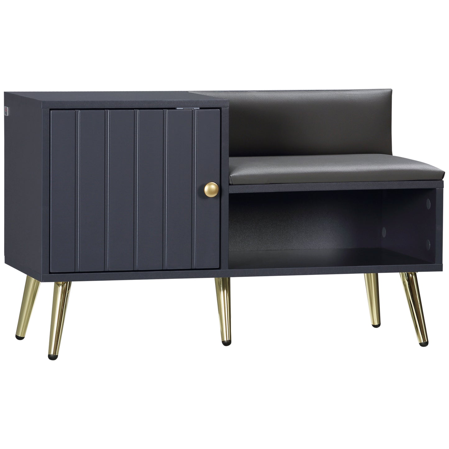 Navy blue cabinet with gold legs on a white background