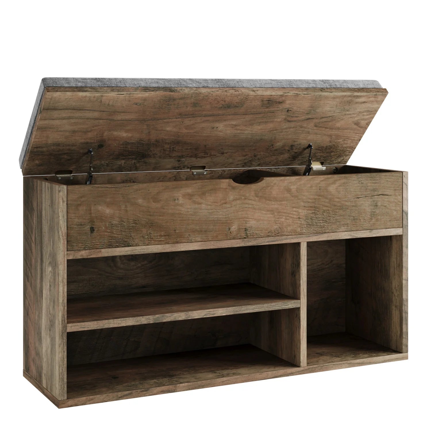 Wooden storage bench with a hinged lid on a white background