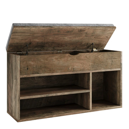 Wooden storage bench with a hinged lid on a white background