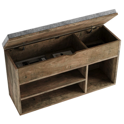 Wooden storage bench with open lid revealing compartments on a white background