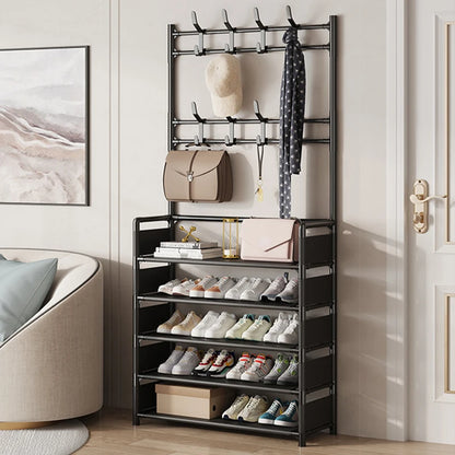 Shoe rack with multiple shelves holding shoes, bags, and a scarf in a room setting.