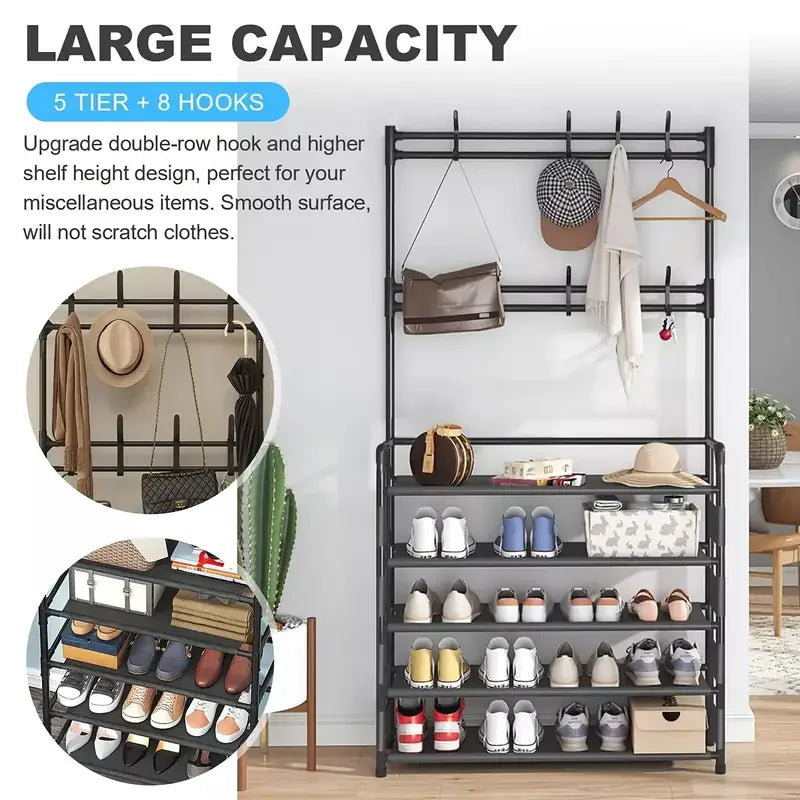 Multifunctional storage rack with shelves and hooks in a room setting.