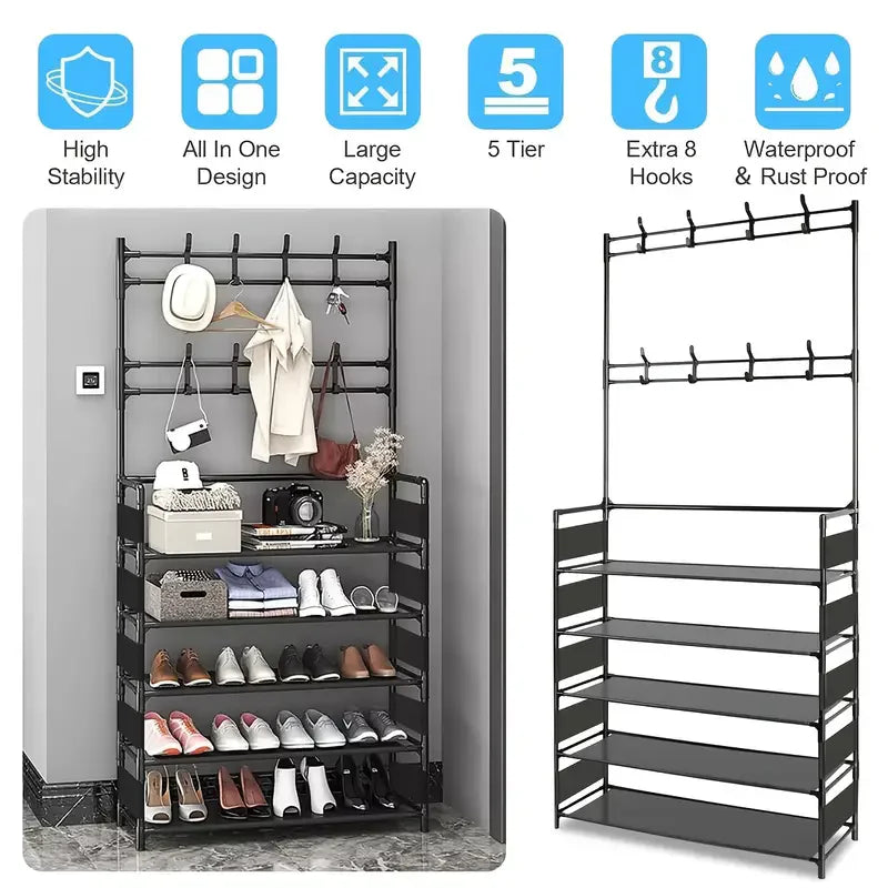 Multi-tier shoe rack with clothing and shoes, featuring stability, design, capacity, tier count, hooks, and waterproof features.