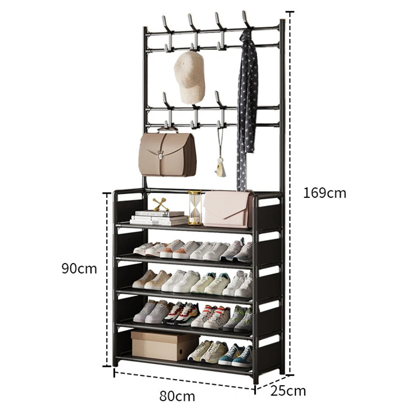 Multifunctional shoe rack with hooks and shelves, showing dimensions on a white background.