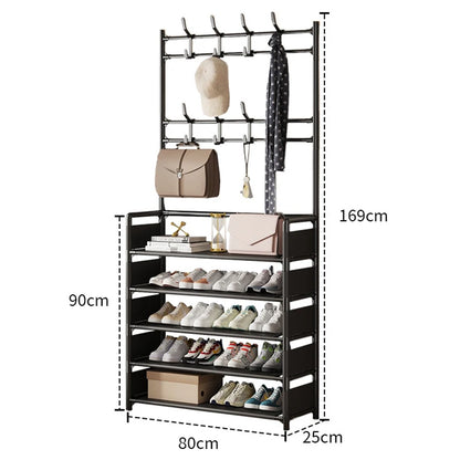 Multifunctional shoe rack with hooks and shelves, showing dimensions on a white background.