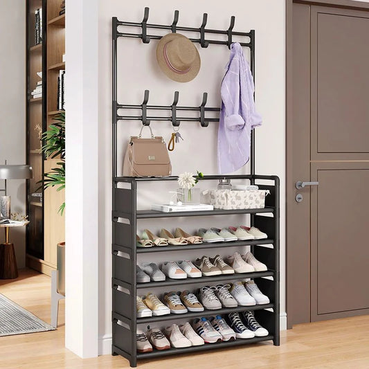 Shoe rack with multiple shelves holding shoes, a hat, and a handbag in a room setting.