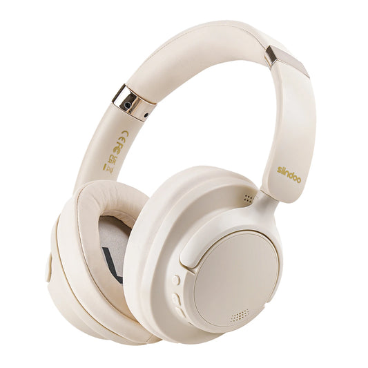 Beige headphones with brand logo on a white background
