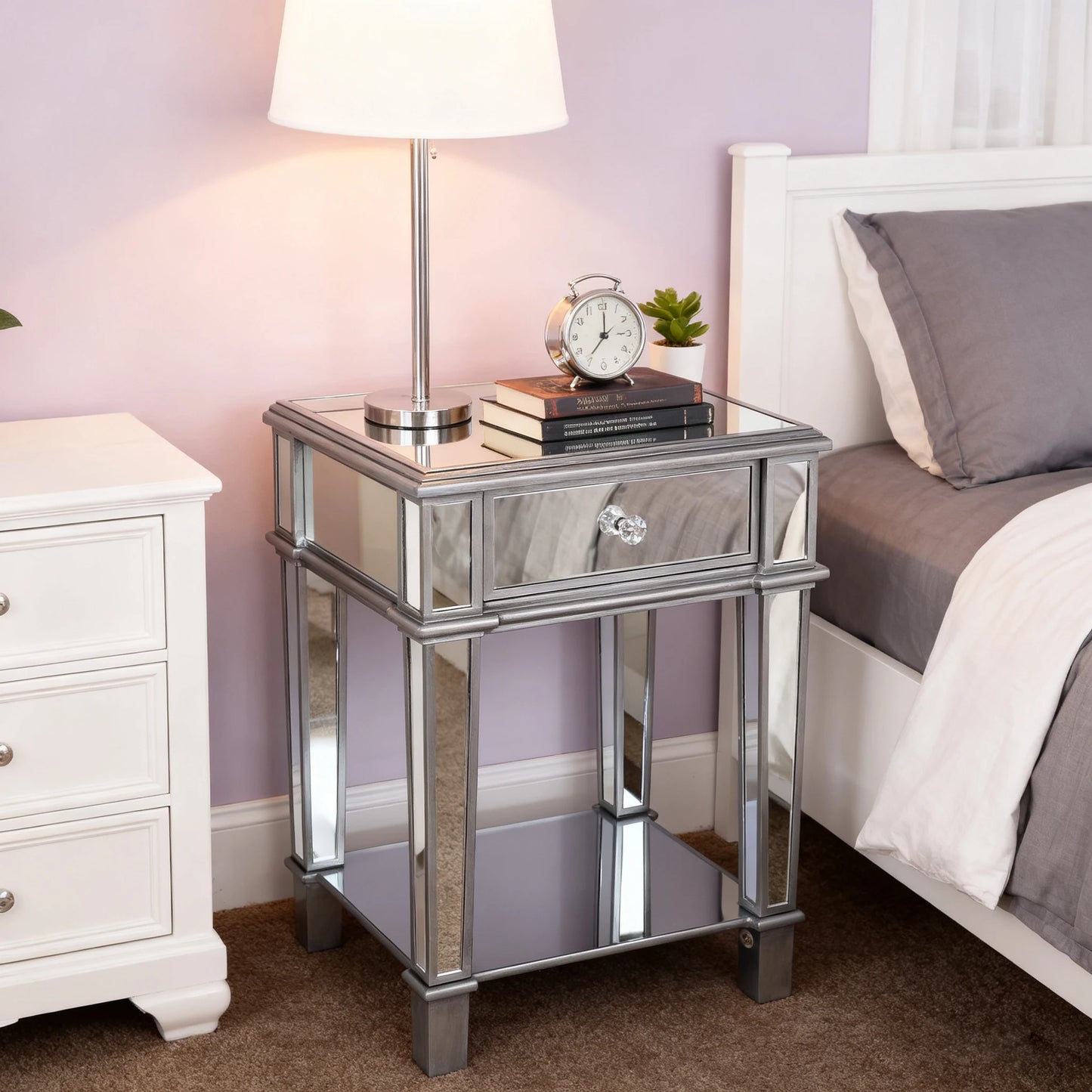 Silver Mirrored Bedside Table