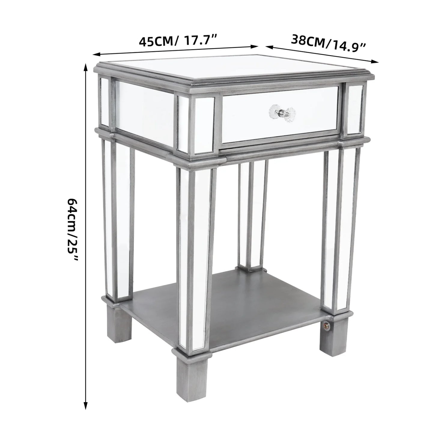 Silver mirrored console table with dimensions labeled on a white background