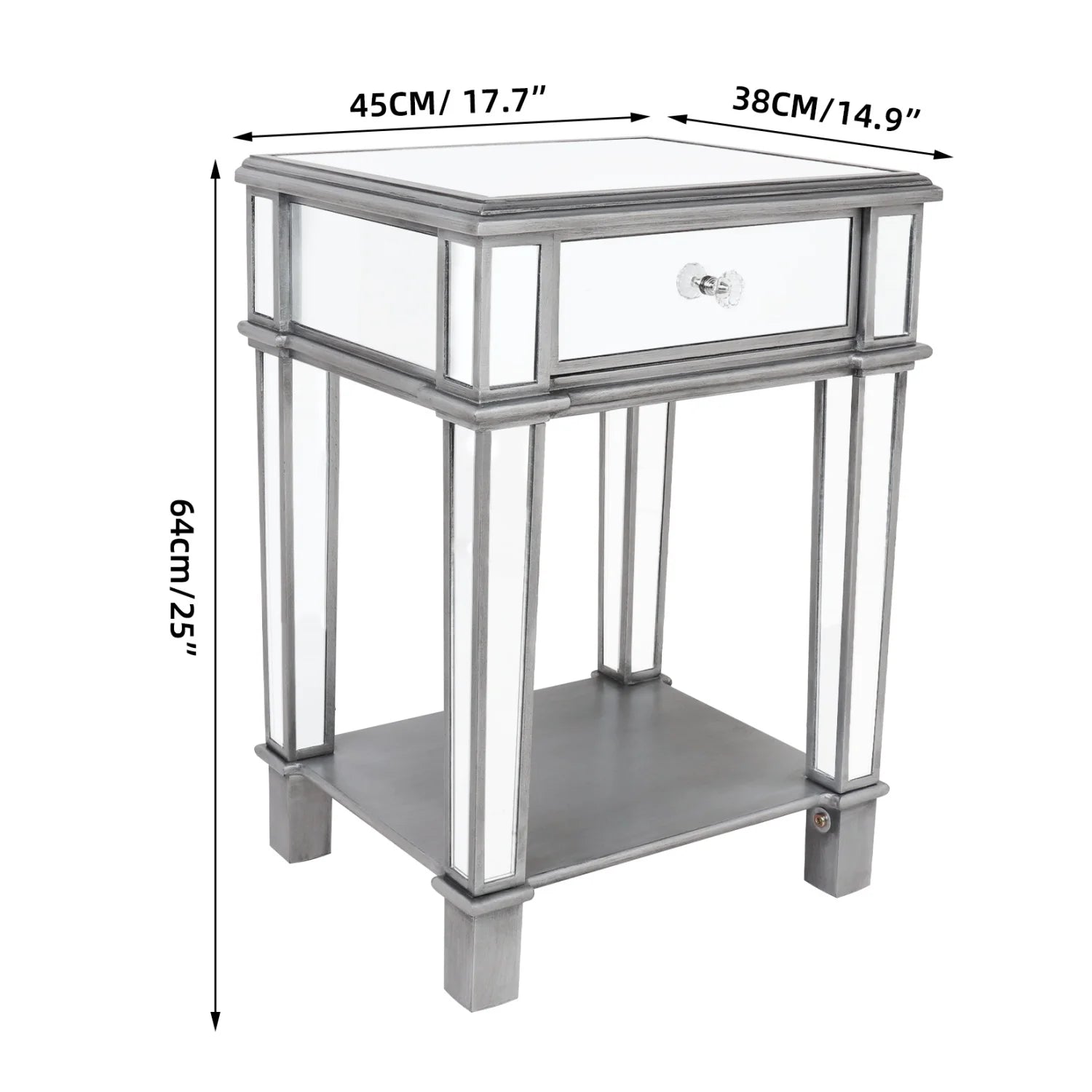 Silver mirrored console table with dimensions labeled on a white background