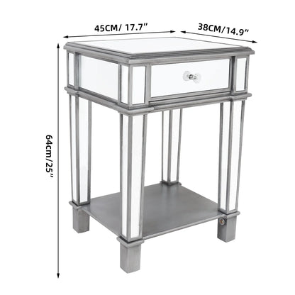 Silver mirrored console table with dimensions labeled on a white background