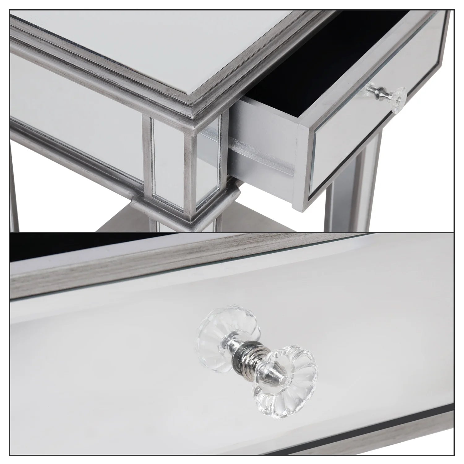 Decorative mirrored side table with crystal handle