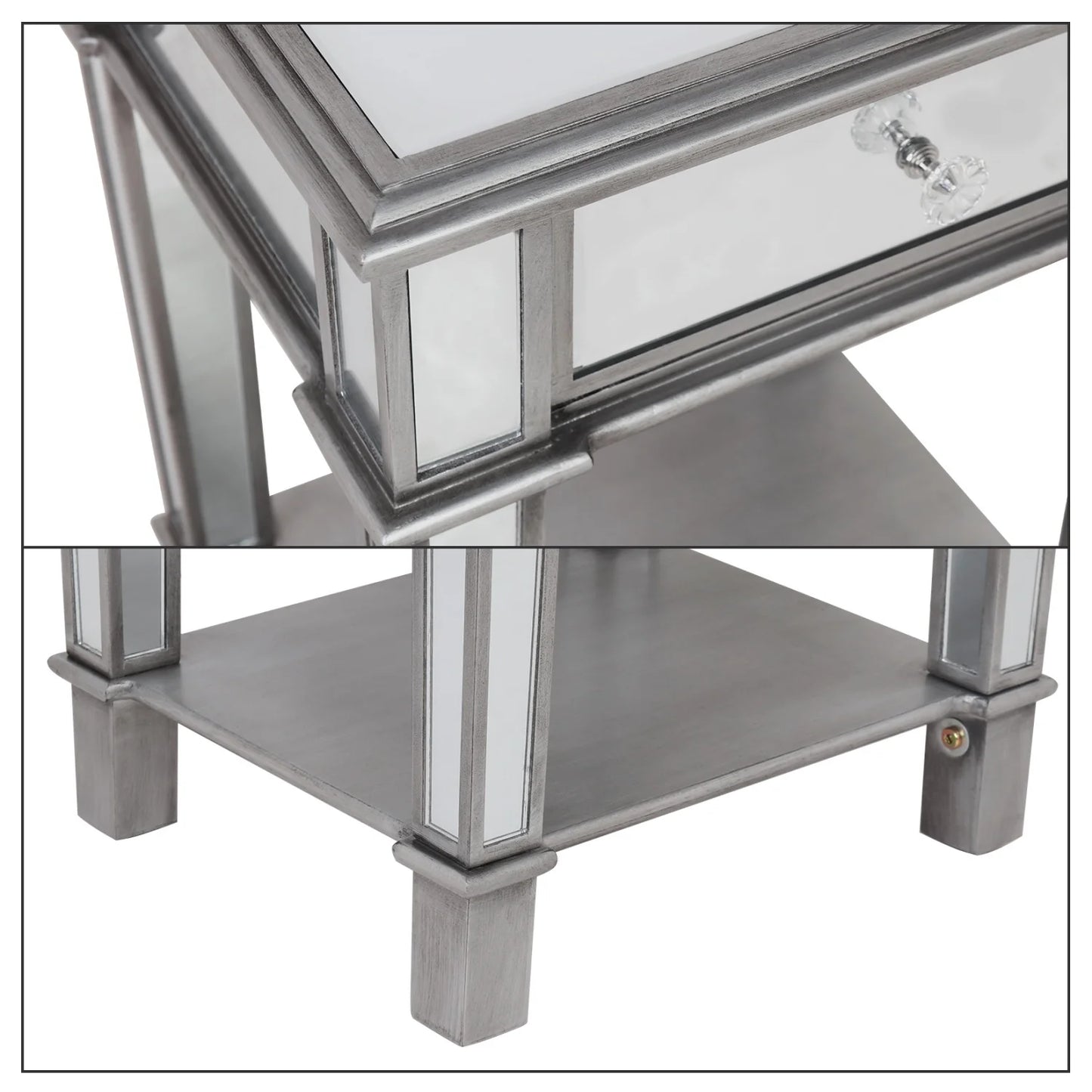 Silver mirrored side table with a drawer and shelf.