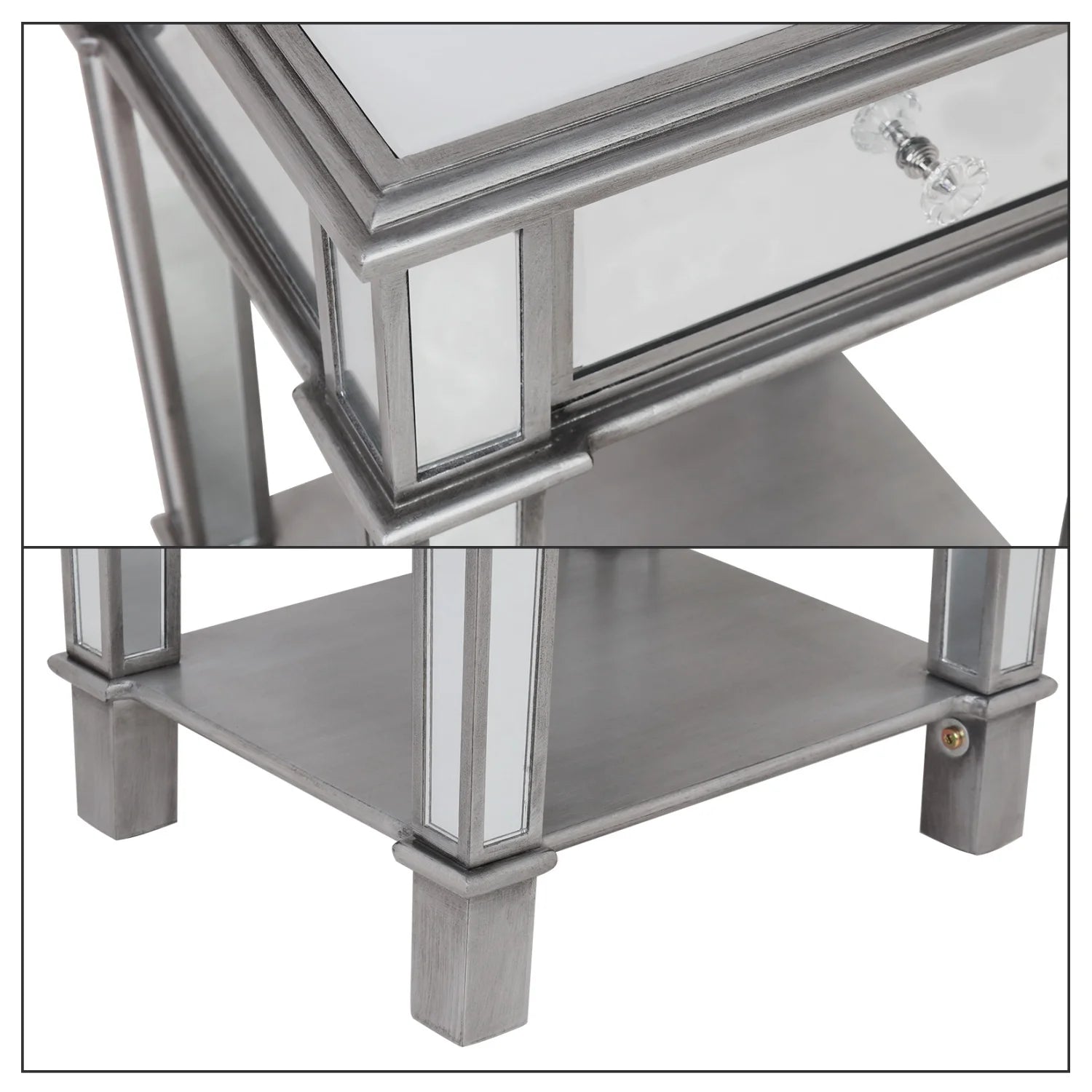 Silver mirrored side table with a drawer and shelf.