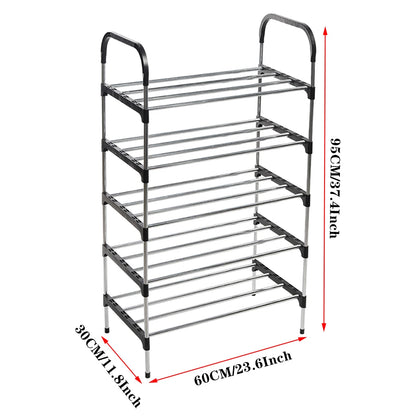 5-tier metal shoe rack with dimensions on a white background
