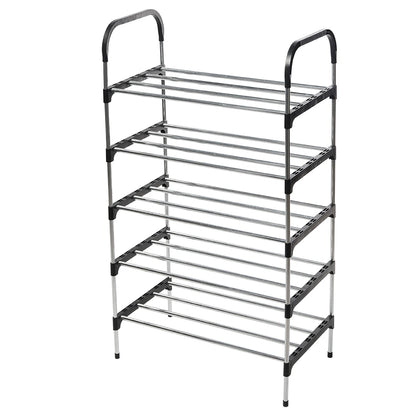 Metal shoe rack with multiple tiers on a white background