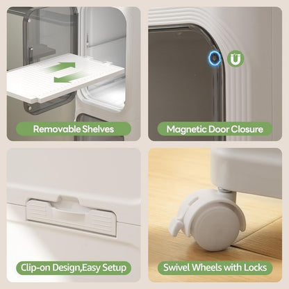 Collage of features including removable shelves, magnetic door closure, clip-on design, and swivel wheels with locks on a white appliance.
