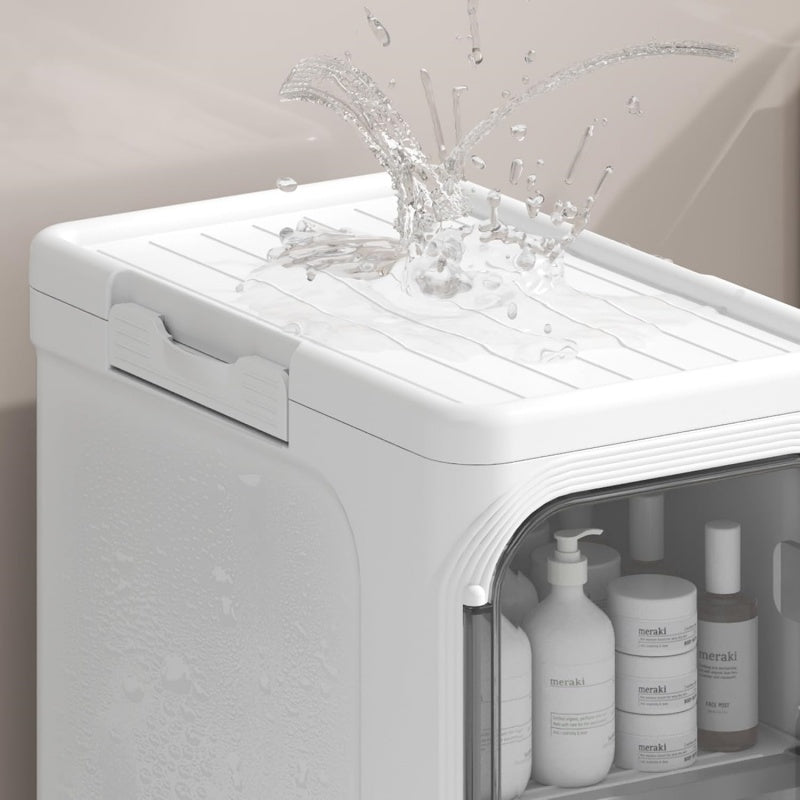 Water Splashing from White Storage Cabinet