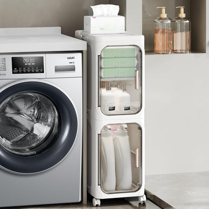 Washing machine with a transparent storage unit next to it in a laundry room.