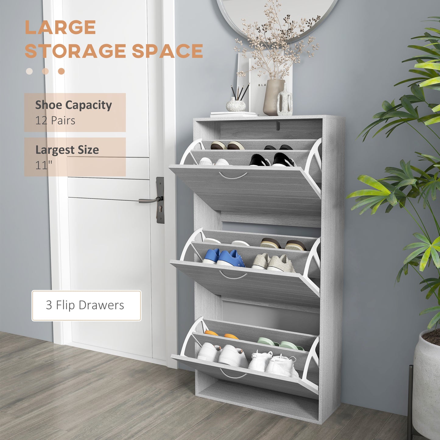 Gray shoe cabinet with shoe storage capacity and features displayed, next to a plant.