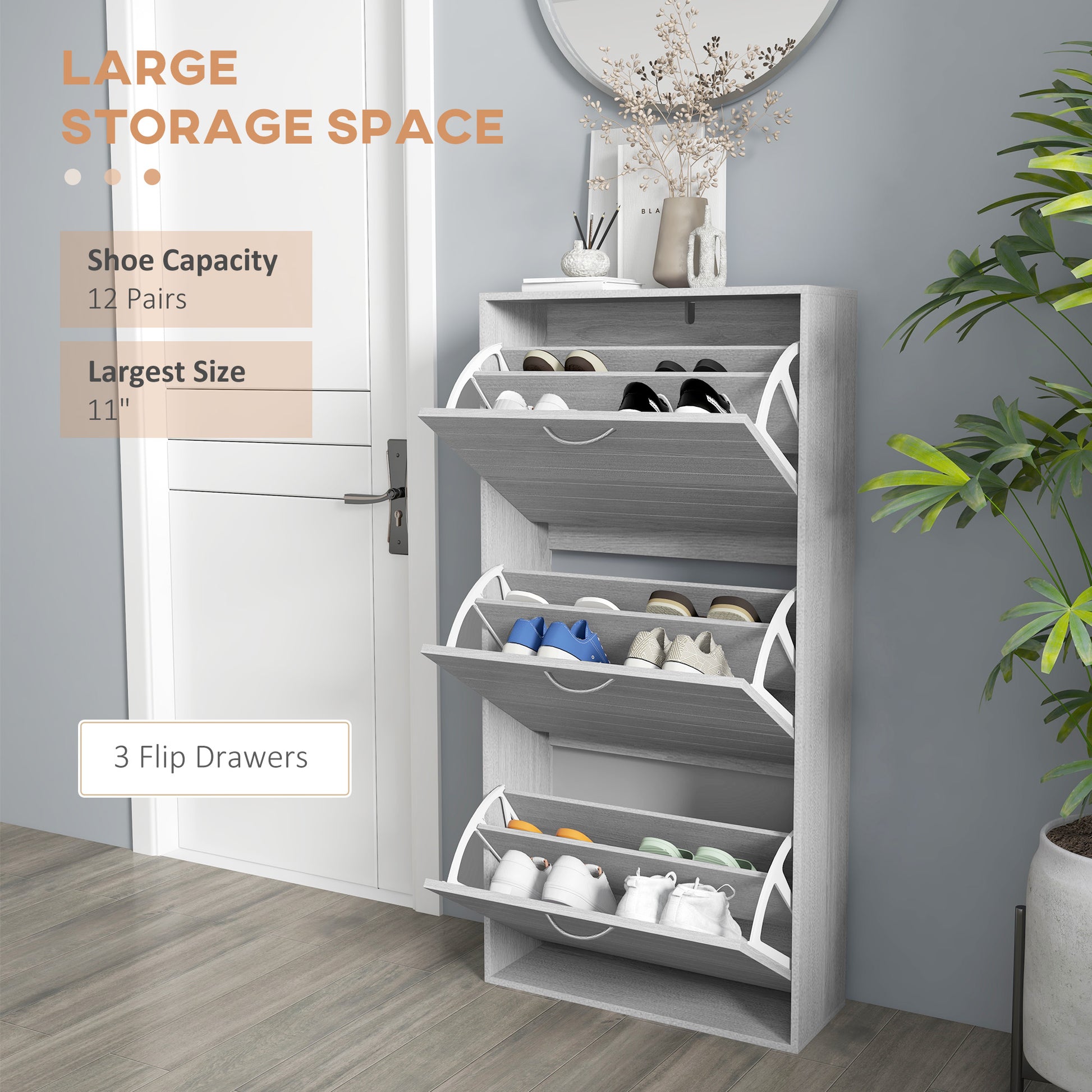 Gray shoe cabinet with shoe storage capacity and features displayed, next to a plant.