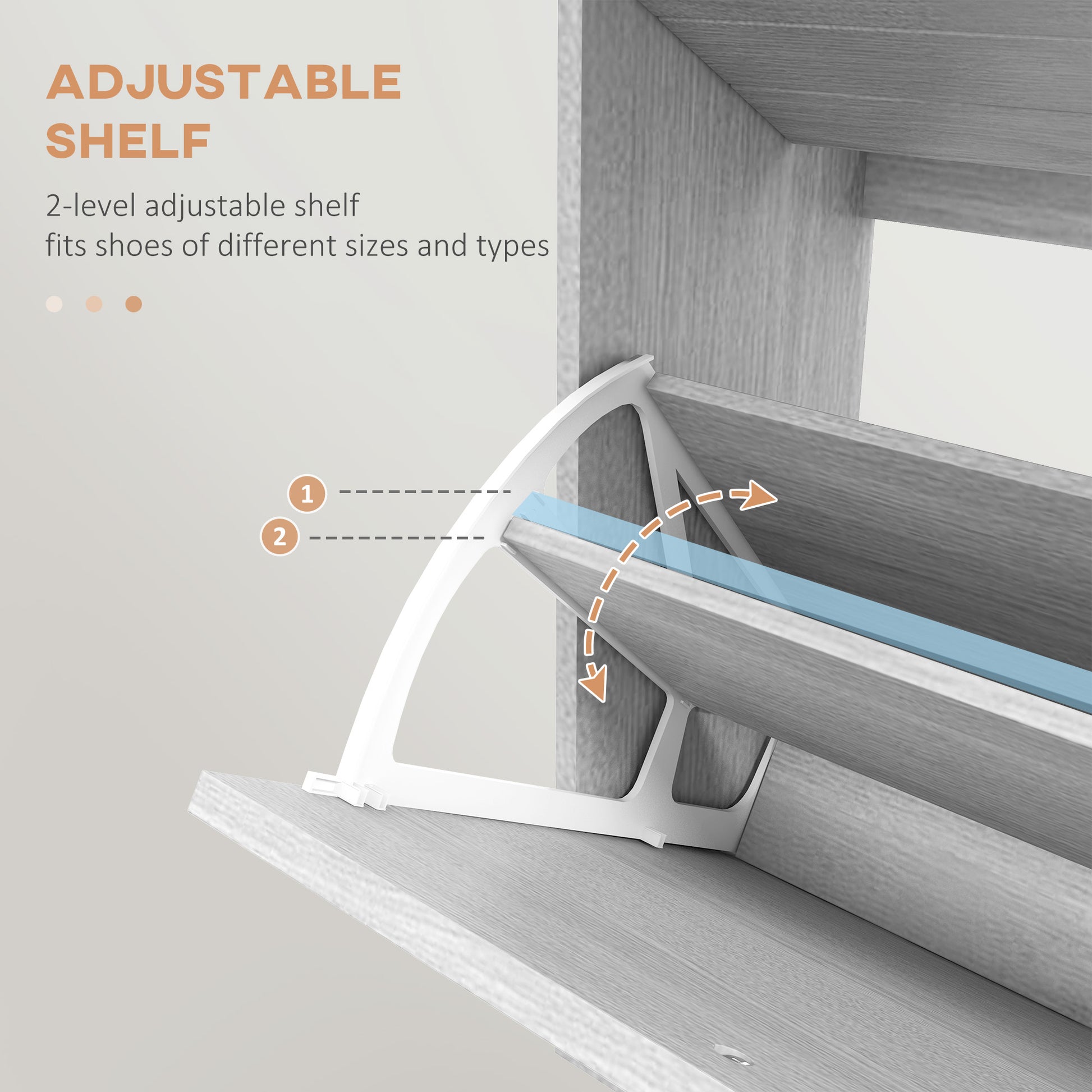 Adjustable shelf for shoes with text indicating it fits different sizes and types.