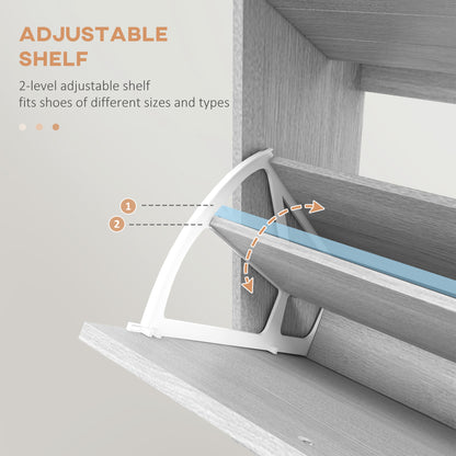Adjustable shelf for shoes with text indicating it fits different sizes and types.