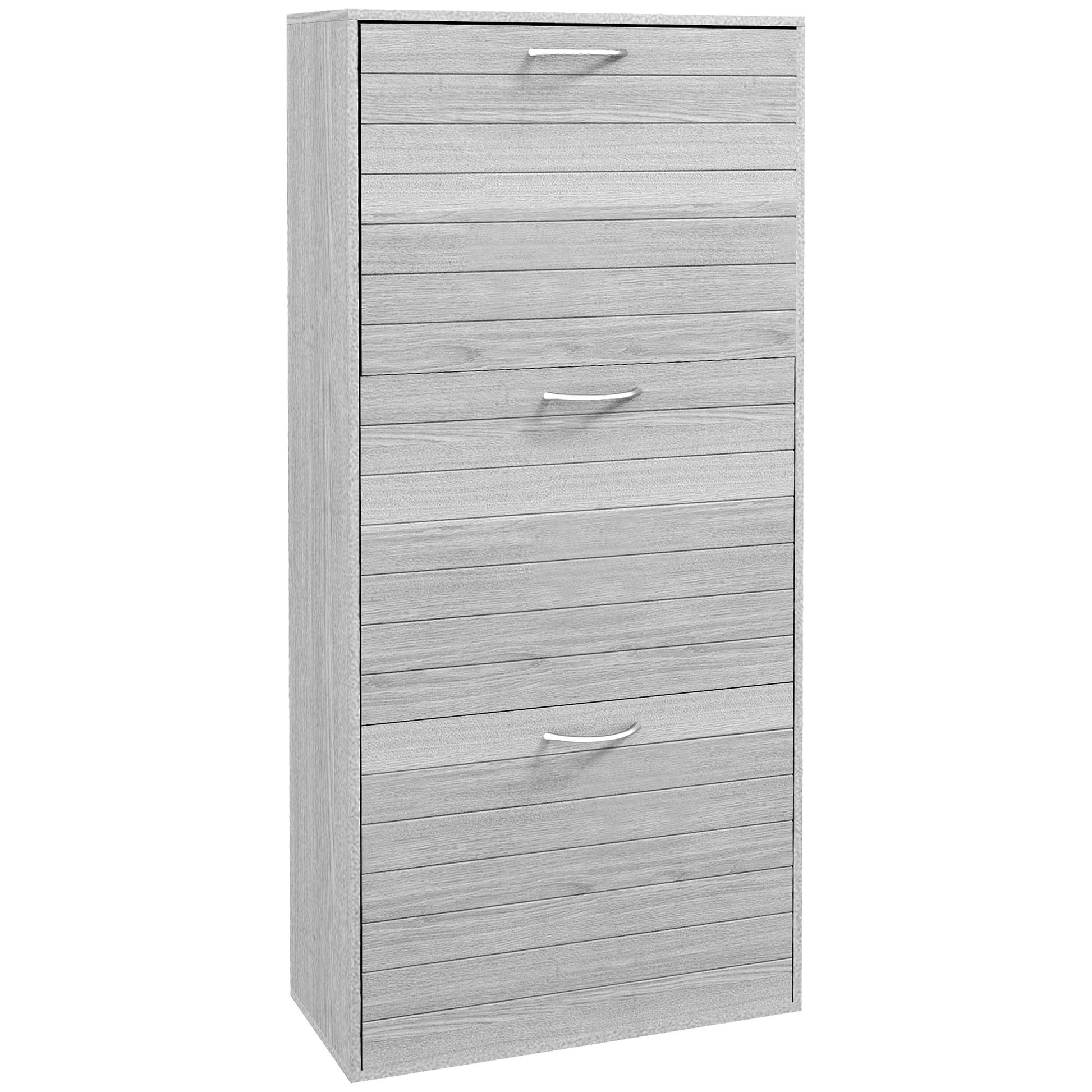 Tall narrow cabinet with horizontal slat design on a white background