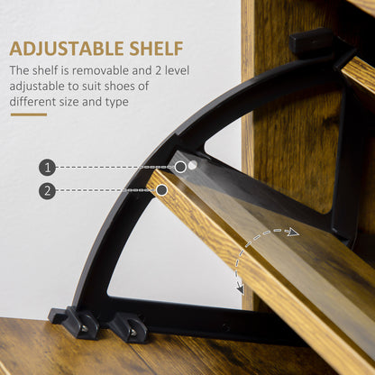 Adjustable shelf with wooden surface and black metal bracket, showing features and text.