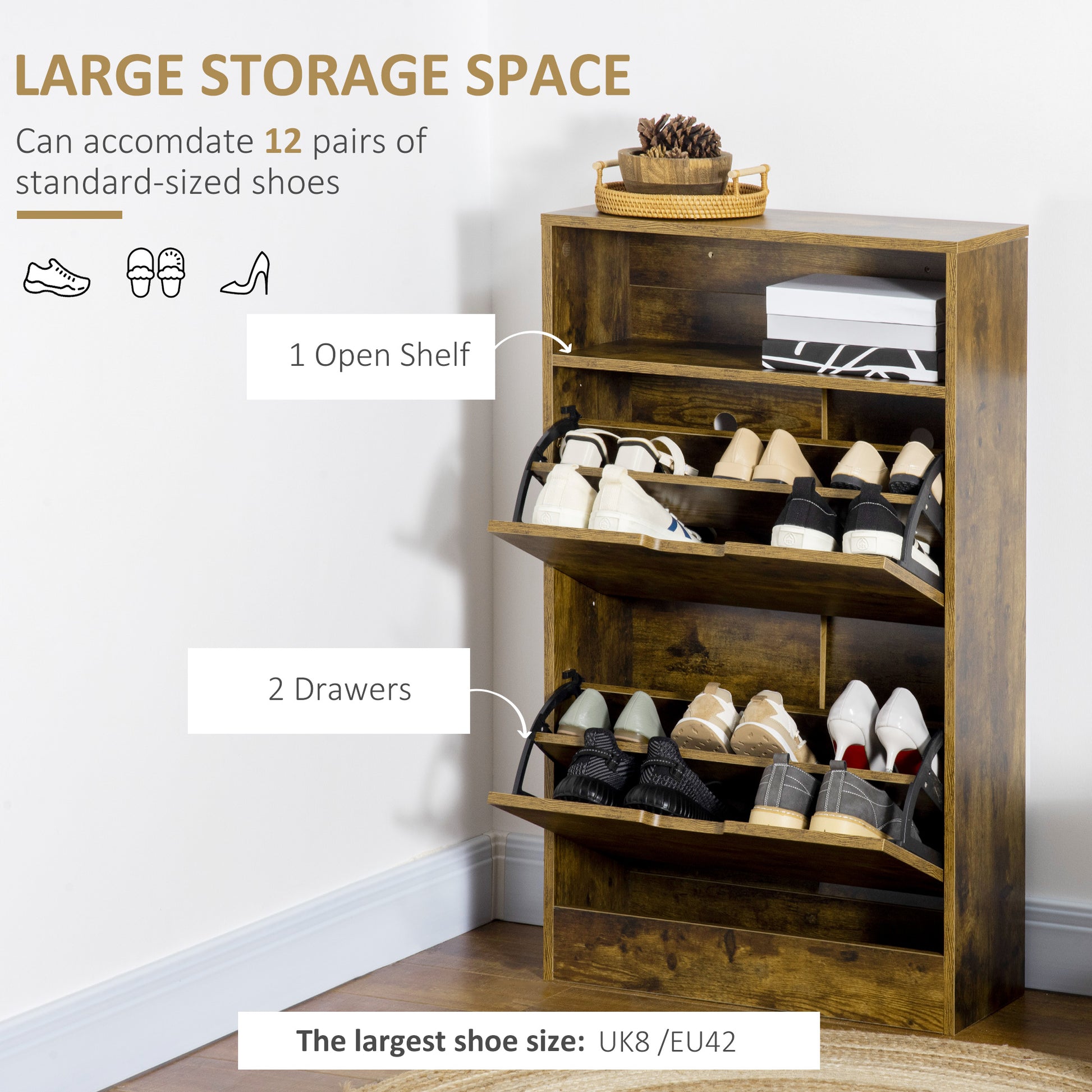 Wooden shoe storage cabinet with shoes on a white background