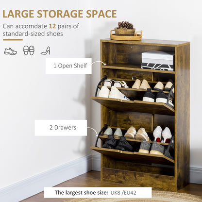 Wooden shoe storage cabinet with shoes on a white background