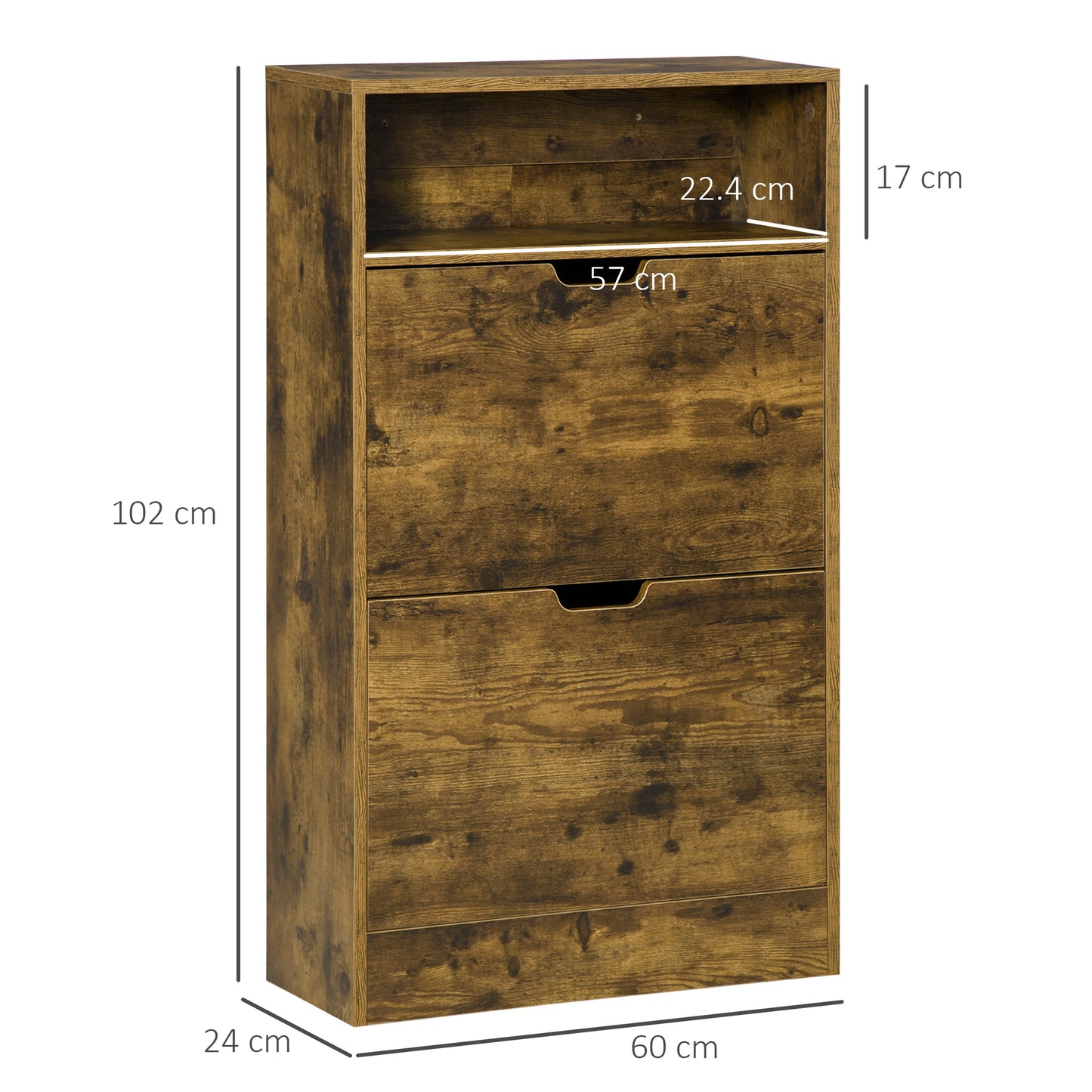 Wooden shoe cabinet with dimensions labeled on a white background