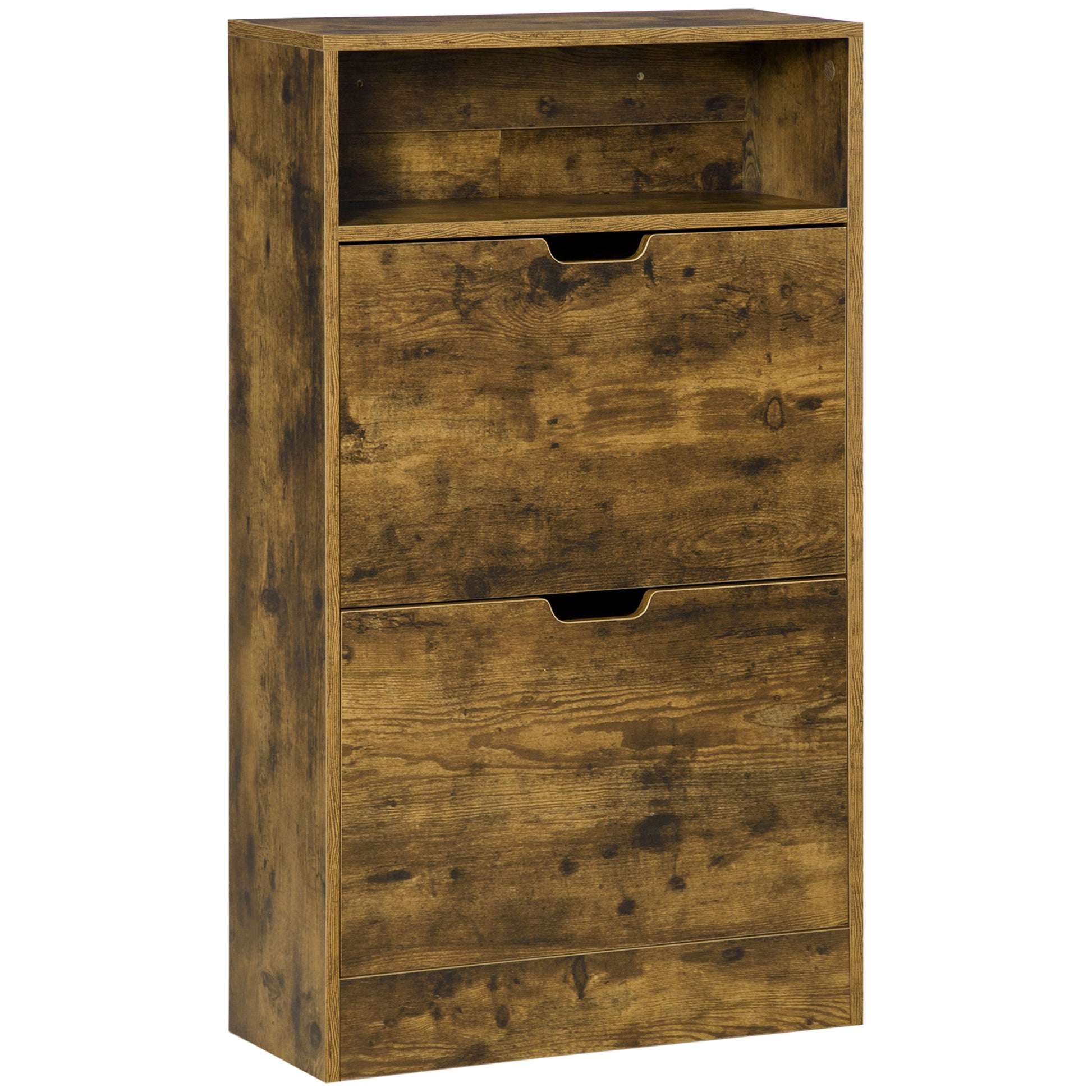 Wooden shoe cabinet with three drawers on a white background