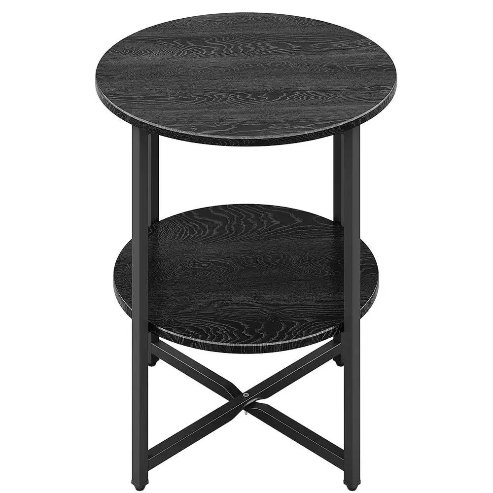 Black round side table with two shelves on a white background