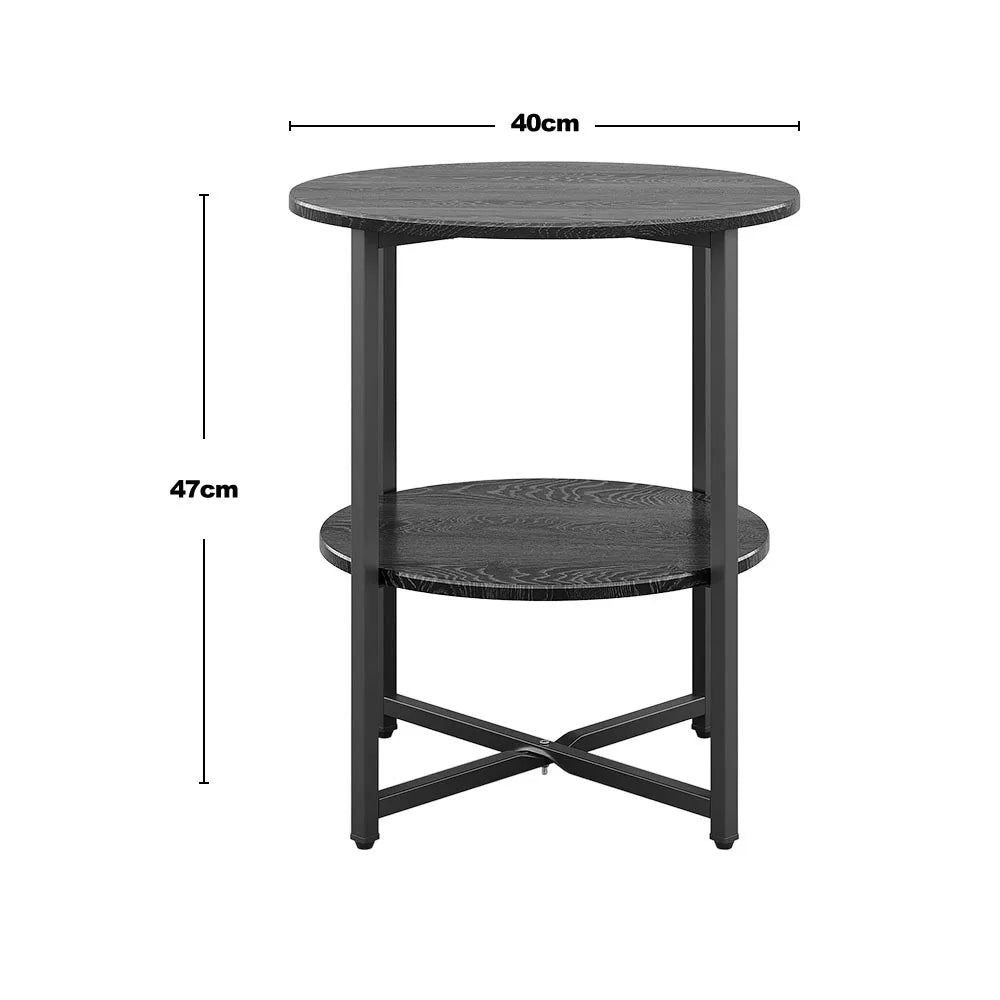 Black side table with dimensions on a white background