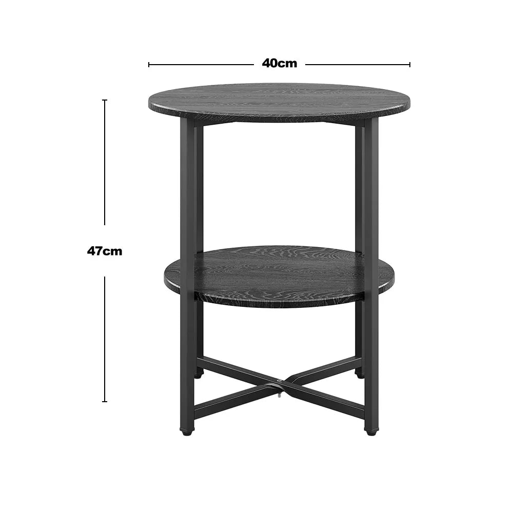 Black side table with dimensions on a white background