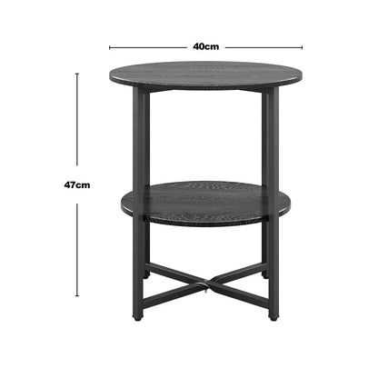 Black side table with dimensions on a white background